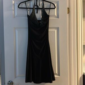 Black Halter Midi Dress with Embellished Bodice